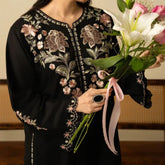 Batool 2-Piece Stitched Winter Suit – Black Cutwork Embroidered Cotton/Dhanak Set - Large