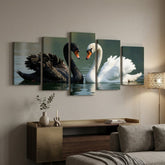 5-Piece Black and White Swan Wall Art Set – 40x16 Inch Wooden Sticky Tiles Ready in Size