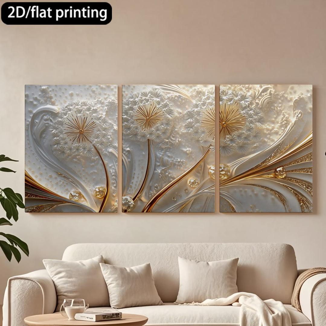 Luxury 3-Piece Floral Wall Frame Set – Gold & Pearl Dandelion Art on Textured Background 12 X 16