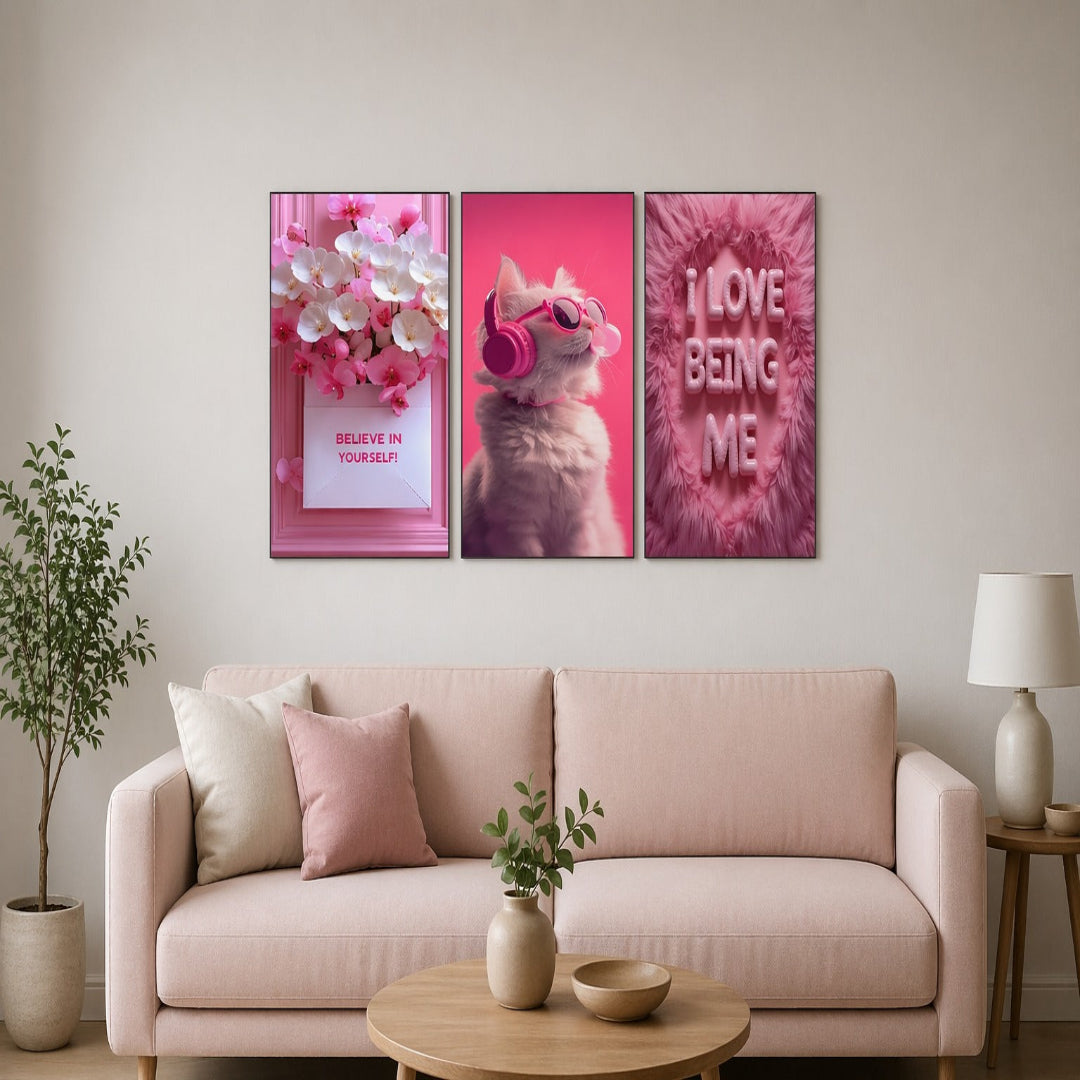Pink Aesthetic Cat and Floral Wooden Wall Art Frame Set | 3-Piece "Believe in Yourself" Sticky Tiles for Room Decor | 8x11 Inch