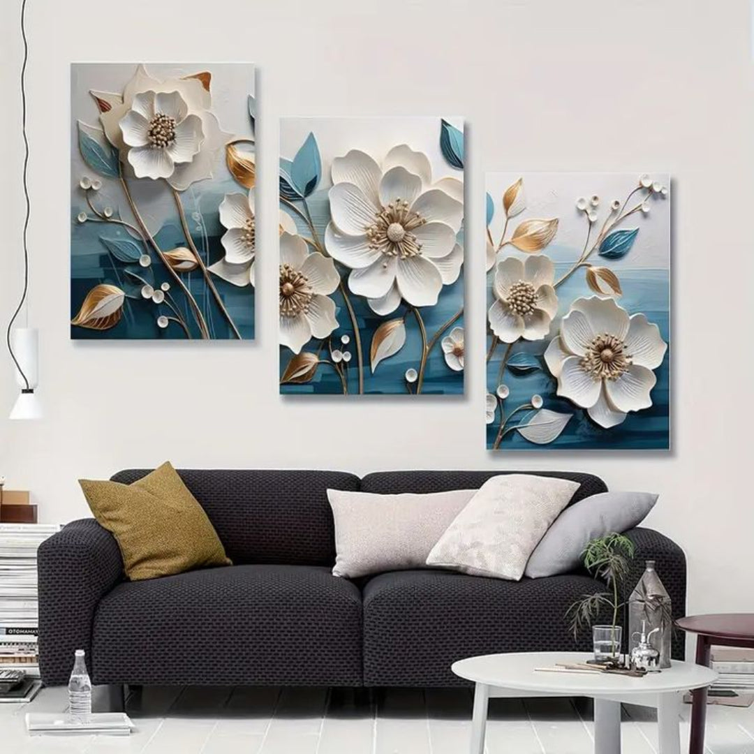Elegant 3-Piece Floral Wall Frame Set – White Blossoms & Golden Stems on Teal Background 12 X 16