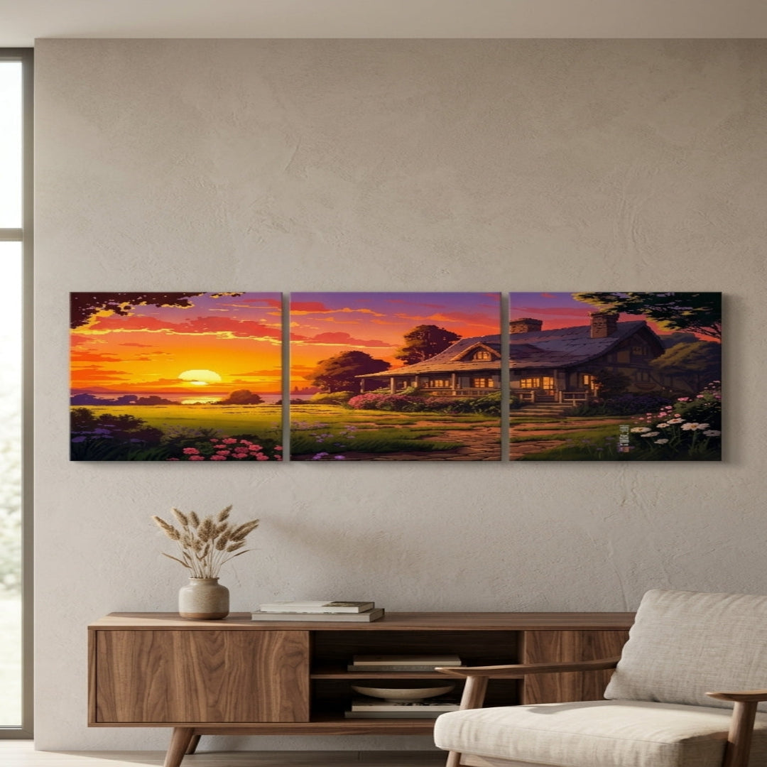 Scenic Cottage Sunset 3-Piece Wall Art Set – 8x11 Inch Wooden Sticky Tiles Individual Ready in Size