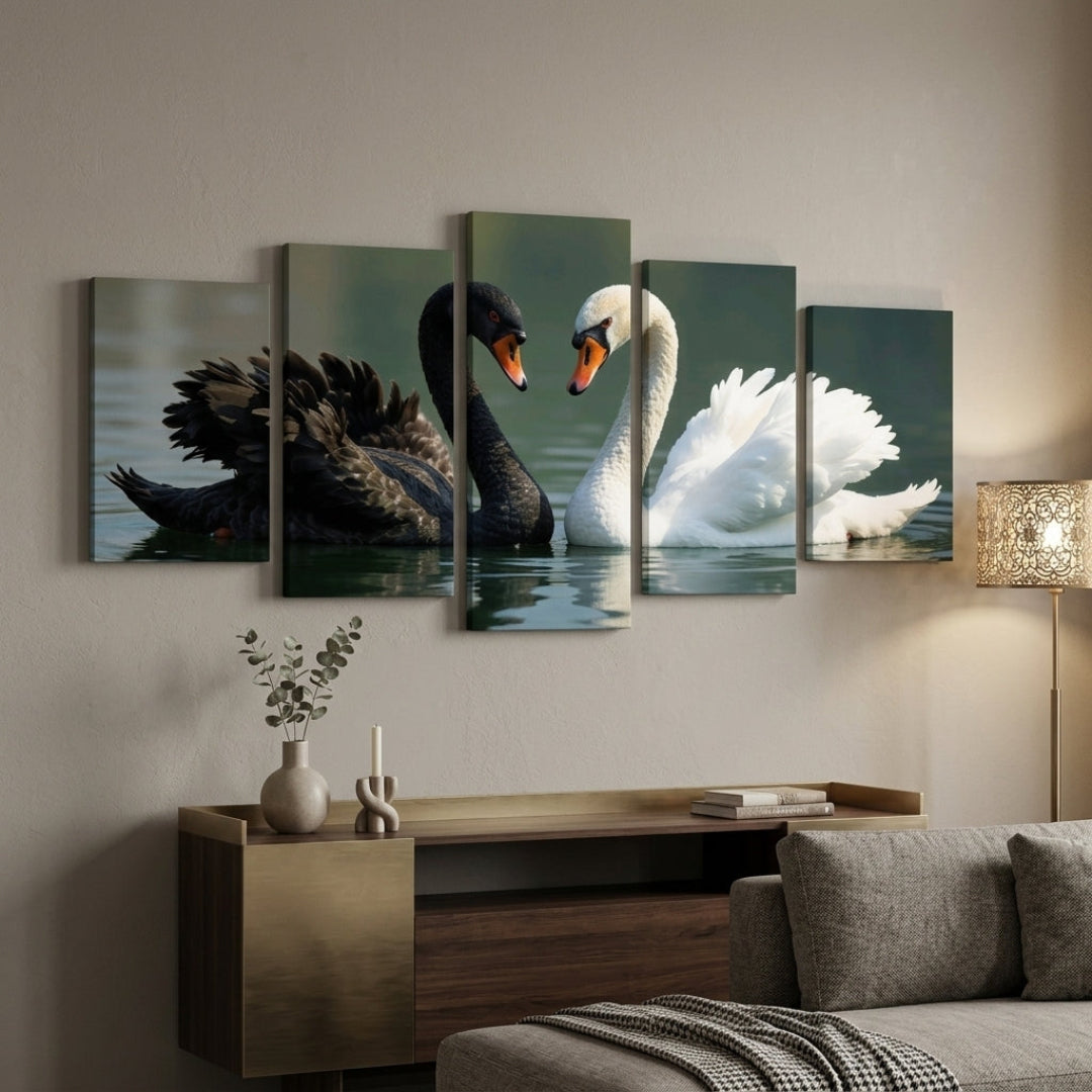 5-Piece Black and White Swan Wall Art Set – 40x16 Inch Wooden Sticky Tiles Ready in Size