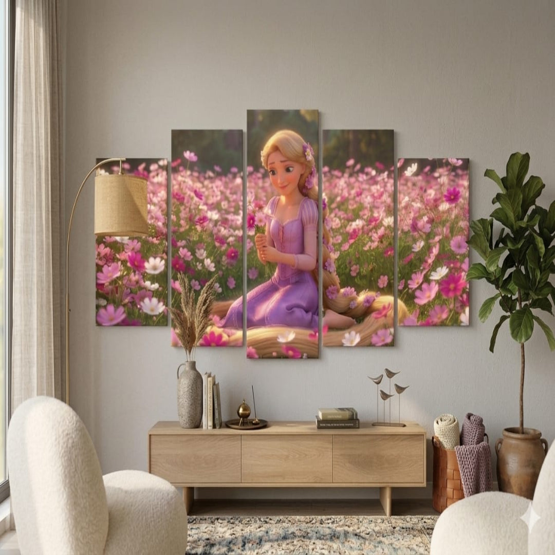 Enchanted Princess Flower Field 5-Piece Wall Art Set – 40x16 Inch Wooden Sticky Tiles Ready Size
