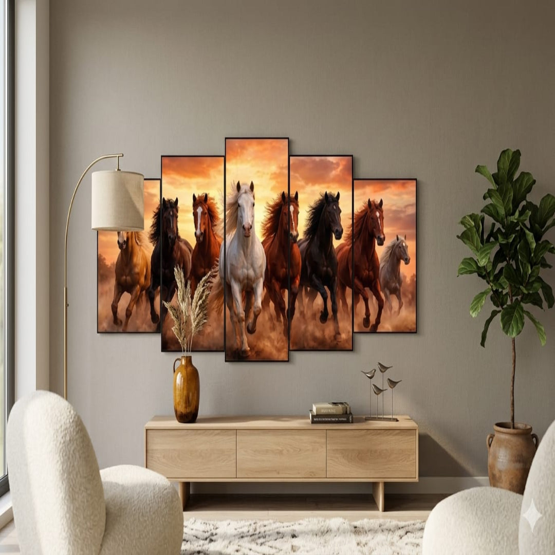 Running Horses Sunset 5-Piece Wall Art Set – 40x16 Inch Wooden Sticky Tiles Ready Size